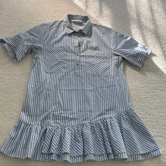 Zara Blue and Cream Striped Mini Dress Ruffle Frill Size Small Oversized - Picture 7 of 9